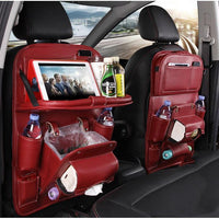 Mandotos PU leather car organizer seat back tray with waterproof design, provides convenient storage for vehicle rear seats.