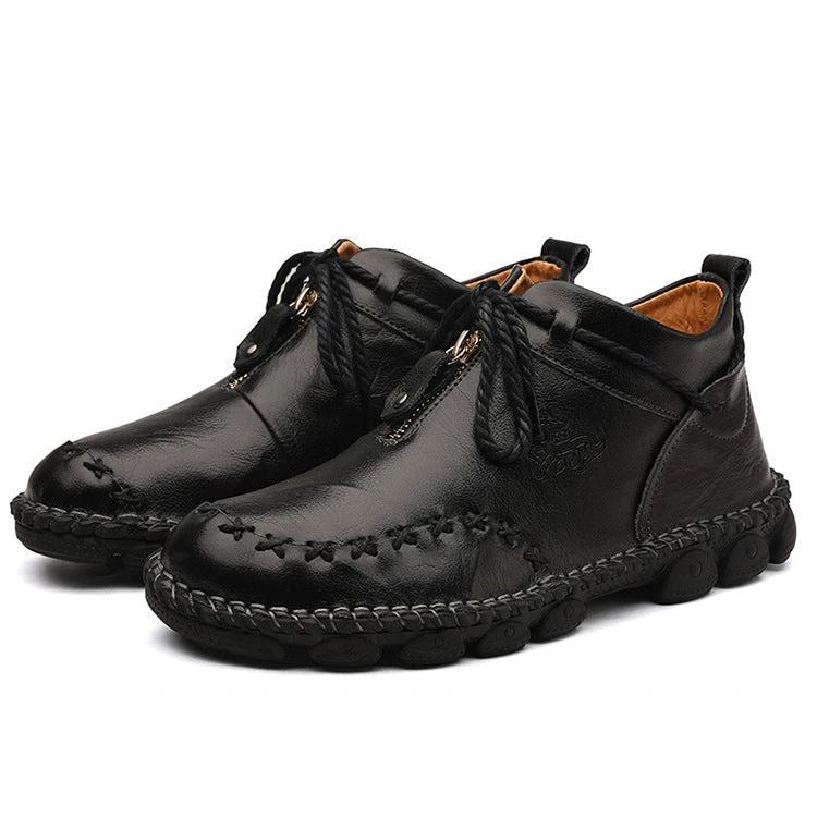 Mandotos men's leather British short boots with hand-stitched detailing, retro style, large size, and classic design.