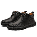Mandotos men's leather British short boots with hand-stitched details, retro style, large size, and sturdy leather construction.