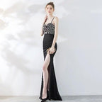 Elegant one-shoulder mermaid dress with suspenders by MANDOTOS, featuring a sleek, formal design for special occasions.