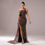 Mandotos one-shoulder leopard sequined evening dress with diagonal collar, elegant and glamorous for formal occasions.