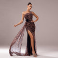 Mandotos one-shoulder leopard sequined evening dress with diagonal collar, elegant and glamorous for special occasions.