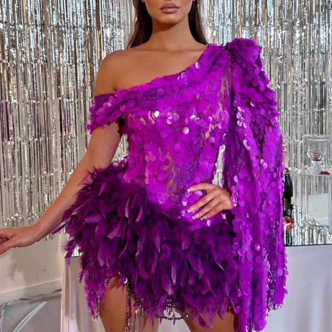 Purple sequined feather skirt one-shoulder short dress by MANDOTOS, perfect for luxury parties and stage performances.