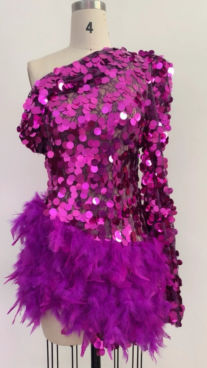 Purple sequined feather skirt one-shoulder short dress by MANDOTOS, perfect for luxury parties and stage performances.