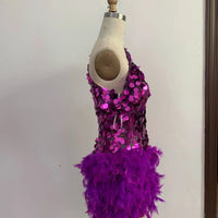 Purple sequined feather skirt short dress with one-shoulder sleeve, stylish luxury party stage performance dress by MANDOTOS.