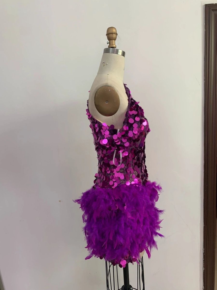 Purple sequined feather skirt short dress with one-shoulder sleeve, stylish luxury party stage performance dress by MANDOTOS.