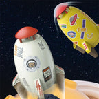Mandotos outdoor rocket launcher toy with water pressure sprinkler for kids, spraying water in garden or lawn during summer.