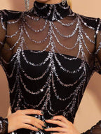 Mandotos sequins long sleeve maxi dress for women, elegant party dress with shimmering sequins and flowing design.