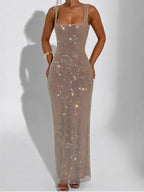 Mandotos sexy double-shoulder strap sequins net drill suspenders dress, stylish evening outfit with shimmering details