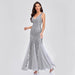 Mandotos sleeveless long mermaid dress with V-neck, embroidered sequins, and a slim fit for an elegant evening look.