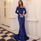 Mandotos strapless long sleeve sequins party evening dress, shown in elegant black with shimmering sequin details.