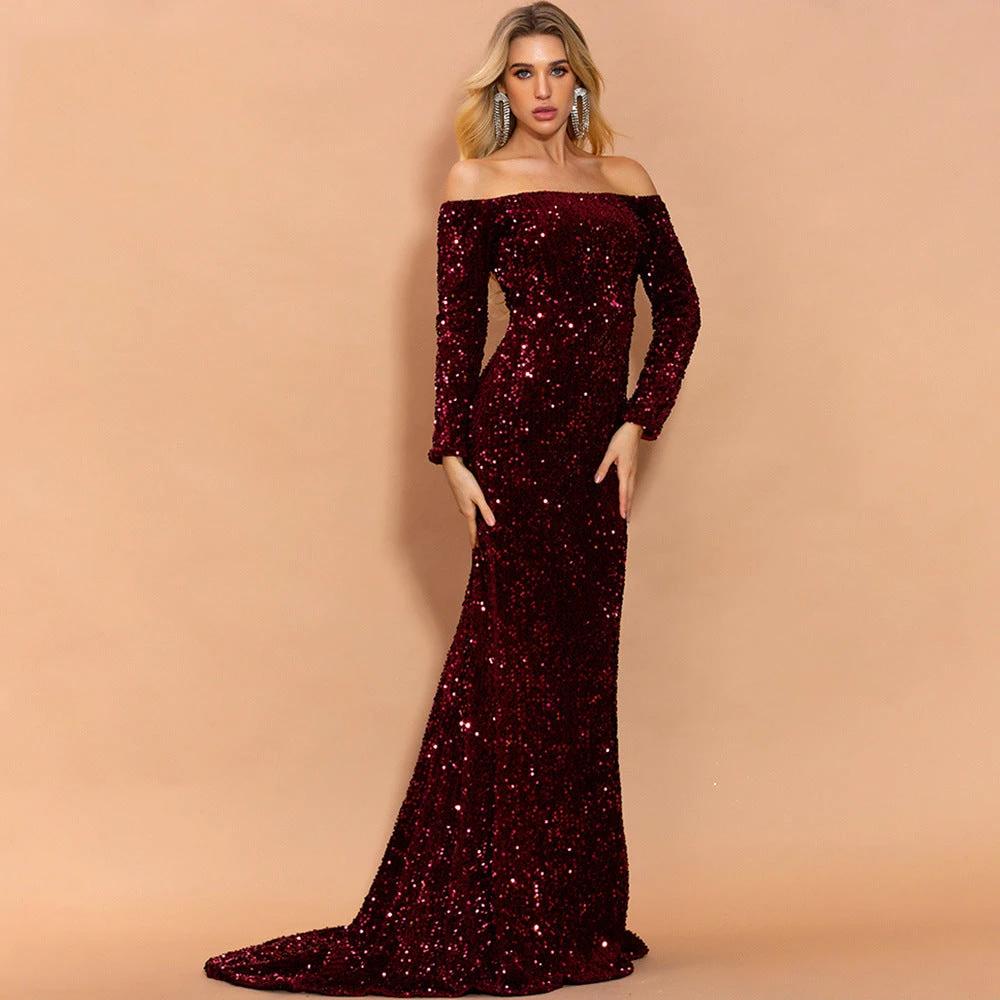 Mandotos sexy strapless long sleeve sequins evening dress, elegant party gown with shimmering embellishments.