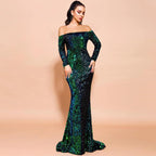 Mandotos strapless long sleeve sequins evening dress, elegant party gown with shimmering sequin details and a fitted silhouette.