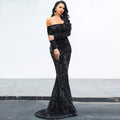 Mandotos strapless long sleeve sequins evening dress with a fitted silhouette, perfect for party and formal events.