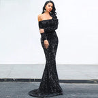 Mandotos strapless long sleeve sequins evening dress with a fitted silhouette, perfect for party and formal events.