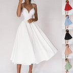 Mandotos women's sexy V-neck suspender dress, summer A-line long dress with suspender straps and stylish design.