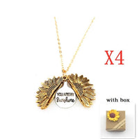 Mandotos sunflower double lettering necklace with gold chain and sunflower pendant, stylish jewelry accessory.