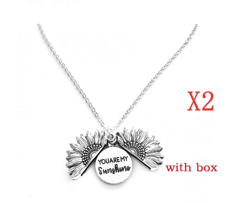 Mandotos sunflower double lettering necklace with gold chain and sunflower pendant, stylish jewelry accessory.