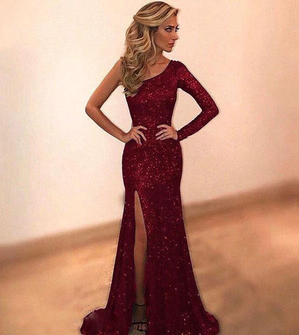 Mandotos women's long sleeve one-shoulder bronzing evening dress, stylish and elegant for special occasions