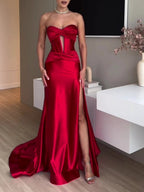 Red extra long tube top evening dress with slit by MANDOTOS, featuring a sleek, elegant design for formal occasions.