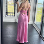 Elegant sleeveless satin long dress for women by MANDOTOS, backless, perfect for holidays, parties, or casual summer occasions.