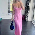 Mandotos women’s satin long camisole dress, sleeveless, backless, elegant slip dress suitable for holiday parties and casual summer wear.