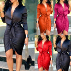 Women’s solid color long sleeve midi dress by MANDOTOS, lace-up design, elegant shirt dress style perfect for fashion or parties.