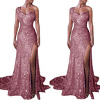 Women's one-shoulder sleeveless bronzing split dress by MANDOTOS, shown on a model, highlighting stylish design and elegant fit.