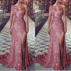 Women's one-shoulder sleeveless bronzing split dress by MANDOTOS, shown in a stylish, elegant design with smooth fabric and modern cut.