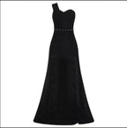 Women's one-shoulder sleeveless bronzing split dress by MANDOTOS, shown with elegant design and flowing fabric.