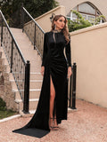 Women's Korean velvet high neck evening dress by MANDOTOS, featuring a sleek, sexy silhouette with a high neckline and elegant design.