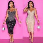 Women's tight braces mesh rhinestone dress by MANDOTOS, featuring a fitted silhouette with sparkling rhinestone details.