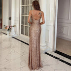 Women’s V-neck sequin maxi dress with spaghetti straps by MANDOTOS, perfect for parties and evening events.