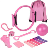 Mandotos 13-piece yoga and Pilates set with mats, blocks, straps, and resistance bands on white background