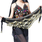 Mandotos multi-color glass silk velvet belly dance belt with crystals and waist chain, stylish hip scarf for belly dancing.