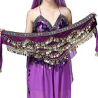 Mandotos multi-color glass and silk velvet belly dance belt with crystal accents, waist chain, and hip scarf for dance performances.