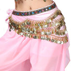 Mandotos multi-color glass silk velvet belly dance belt with crystal accents, waist chain, and hip scarf for dance performances.
