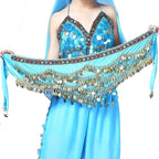 Mandotos belly dance belt with multi-color glass beads, silk velvet fabric, crystal accents, waist chain, and hip scarf for dance performance.