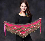 Mandotos multi-color glass silk velvet belly dance belt with crystals, waist chain, and hip scarf for vibrant dance performances.