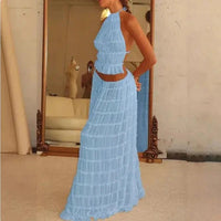 Mandotos 2-piece chic halter dress suit set with stylish top and matching skirt, perfect for trendy fashion looks.