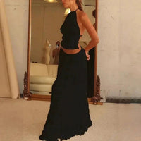 Mandotos 2-piece chic halter dress suit set featuring a stylish halter top and matching skirt, perfect for elegant occasions.