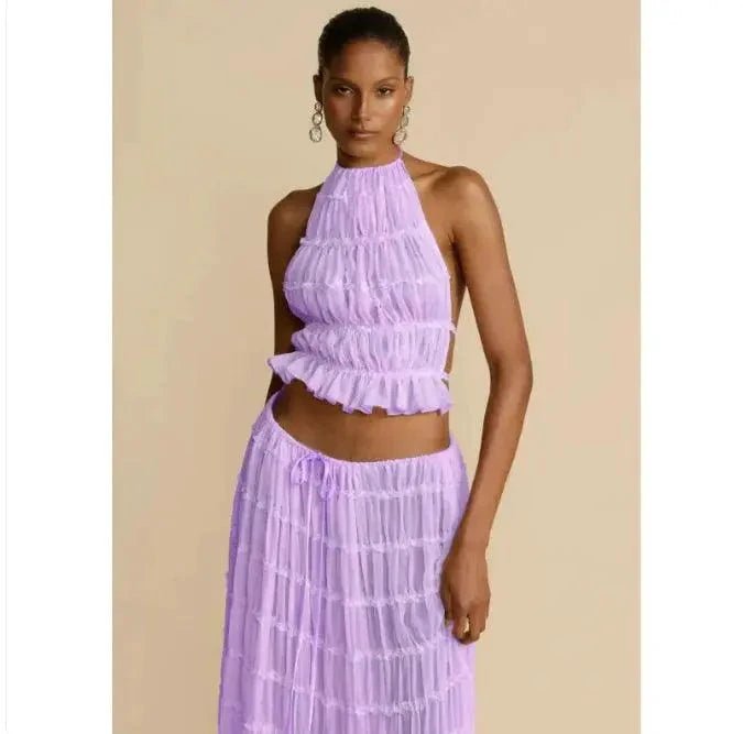 Mandotos 2-piece chic halter dress suit set featuring a stylish halter top and matching skirt, perfect for elegant occasions.
