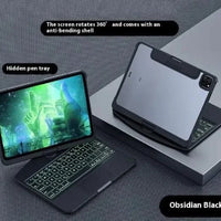Mandotos 360° swivel keyboard clear case showing transparent protective cover and flexible mounting features.
