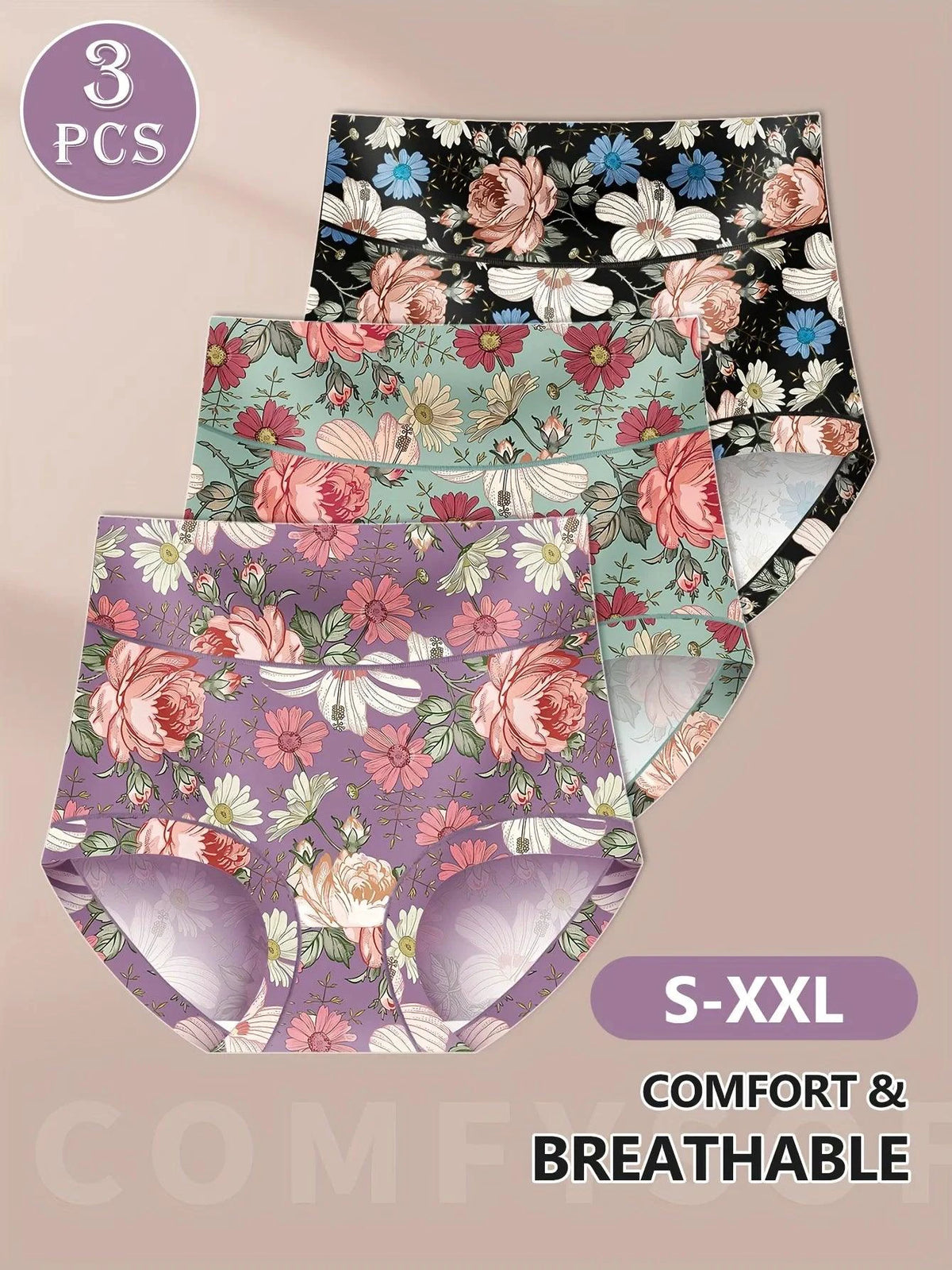 Three pairs of MANDOTOS high-waisted women's panties with printed patterns, tummy tightening, and hip lifting for a comfortable fit.