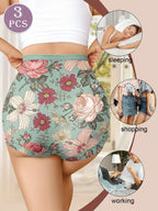 Mandotos 3-pack high-waisted women's panties with printed patterns, tummy tightening, and hip-lifting design for comfortable fit.