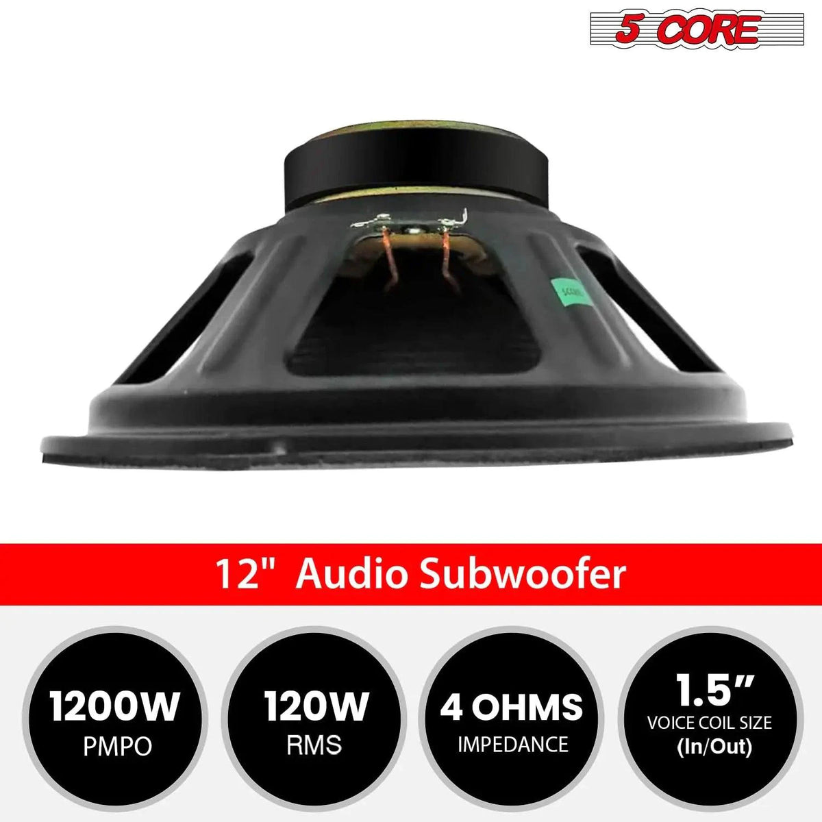 Mandotos 5Core Max Bass 15-inch subwoofer with 450W power and 4 Ohm impedance, showcasing the speaker cone and rugged design.