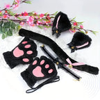 Set of MANDOTOS cat paw winter gloves, cartoon girl open-finger style, with matching fox and cat ear headbands featuring bell accents.