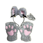 Set of five MANDOTOS cat paw winter gloves, open-finger style, cute cartoon girl design, with fox and cat ear headwear accessories.