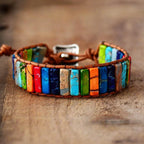 Mandotos boho chic leather bracelet featuring braided leather and decorative beads for a stylish, casual accessory.