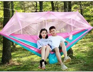 Mandotos Bug-Free Camp Hammock for two with mosquito protection, outdoor relaxation, and durable fabric.